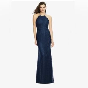 Dessy Collection NWT Halter Cross Back Lace Trumpet Midnight Dress Size 12